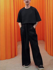 Black Crop Top And Wide - Leg Pants Set - kinko