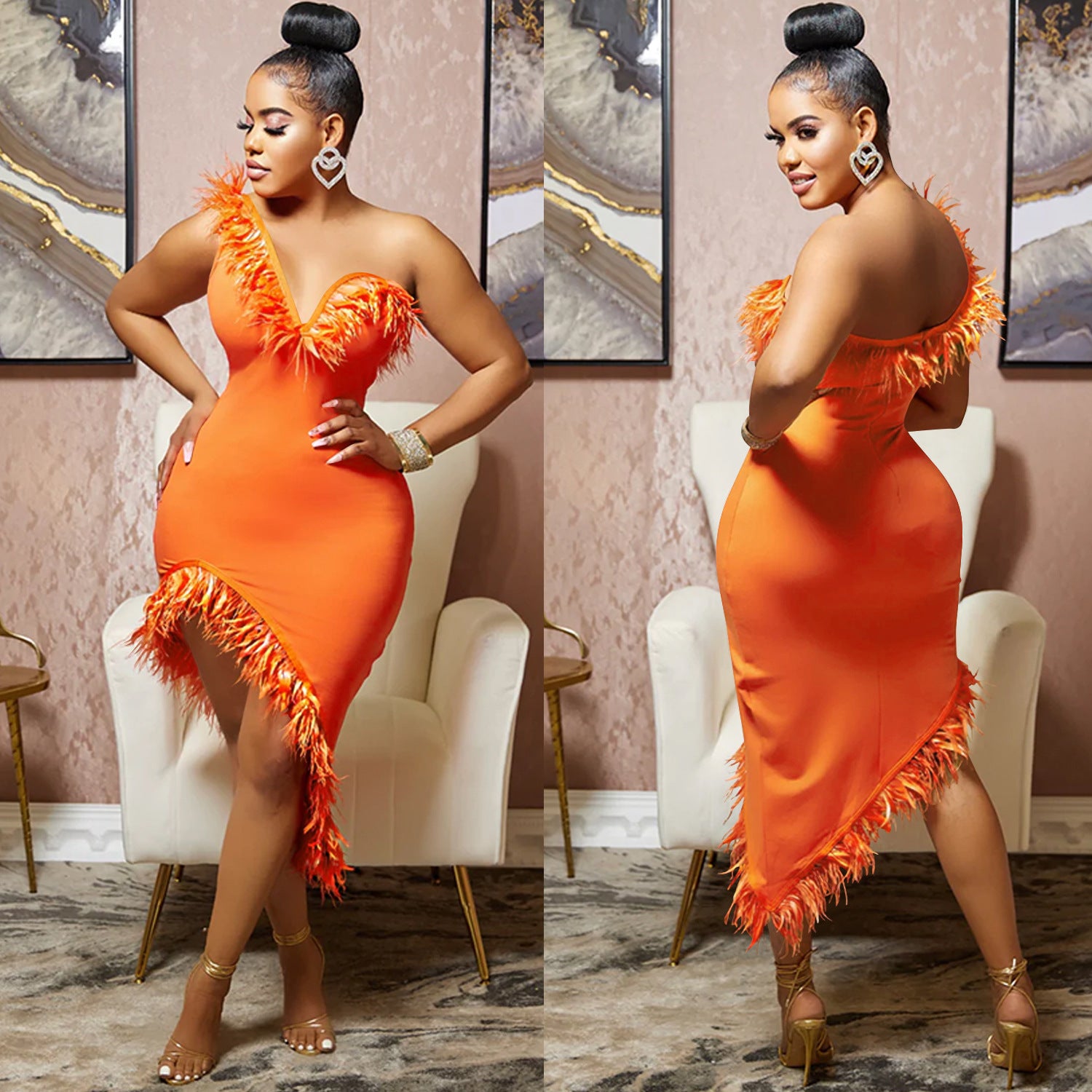 V-neck Sleeveless Chest Feather Irregular Midi Dress - kinko