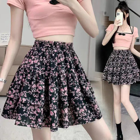 French Style Vintage And Little Fresh Cherry Floral A- Line Skirt - kinko