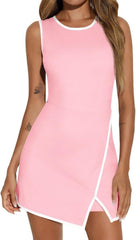 Round Neck Contrasting Color Side Slit A-line Tennis Skirt - kinko