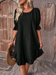 Fashion Ruffle Short-sleeved Dress Summer Solid Color Round Neck Loose Straight Dresses Womens Clothing - kinko