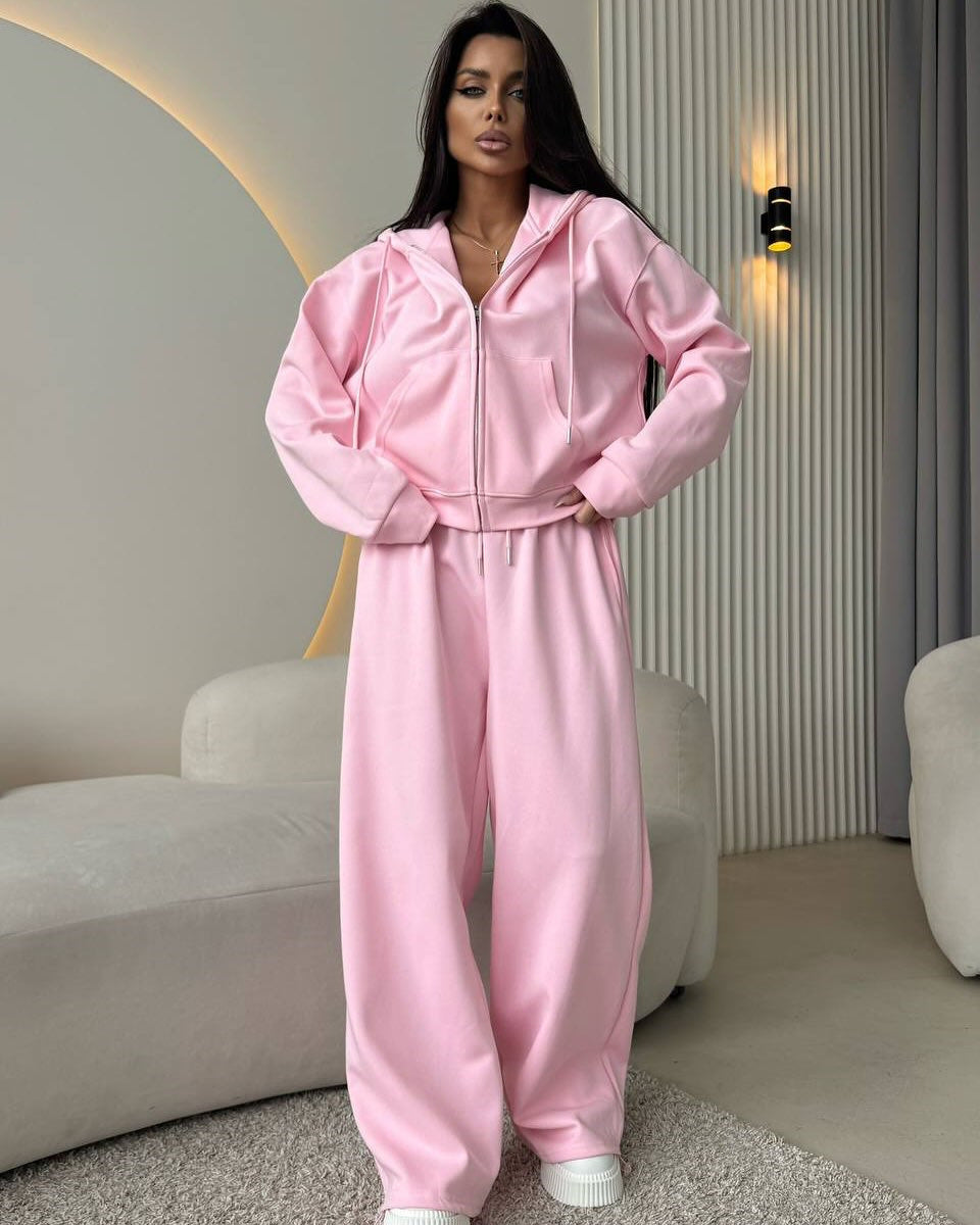 European And American Solid Color Long Sleeve Zipper Cardigan Hoodie Lace-up Trousers Two-piece Set - kinko