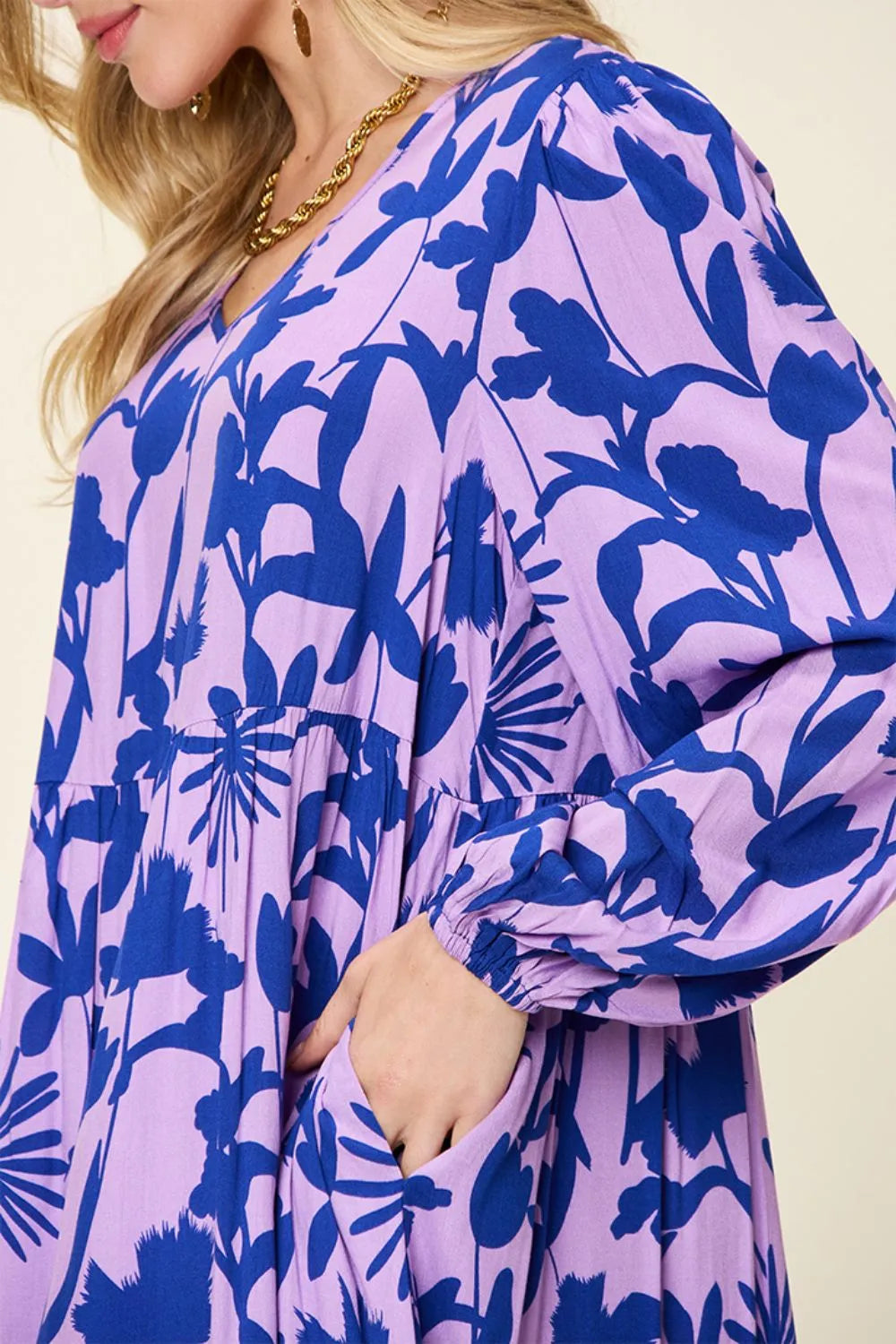 Double Take Full Size Printed Ruffle Hem Dress with Pocket - kinko