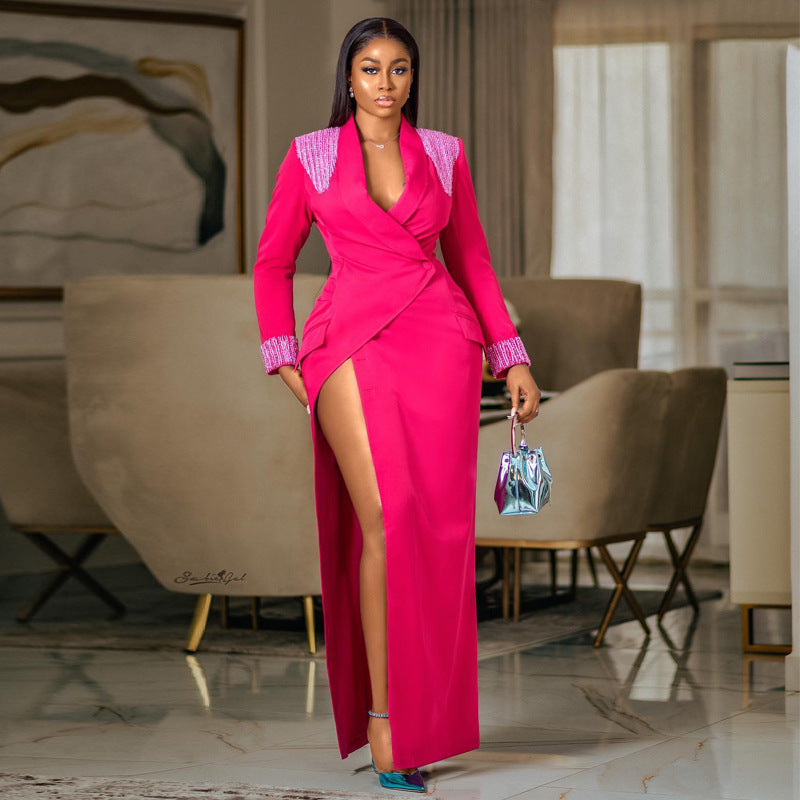 Rose Red Suit Collar Deep V Split High Waist Dress - kinko