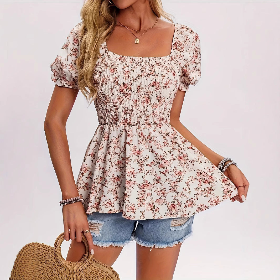 Square Collar Smocking Ruffle Sleeve Floral Vacation Top - kinko