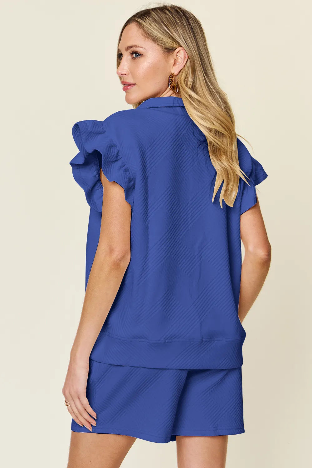 Double Take Full Size Texture Flounce Sleeve Top and Drawstring Shorts Set - kinko
