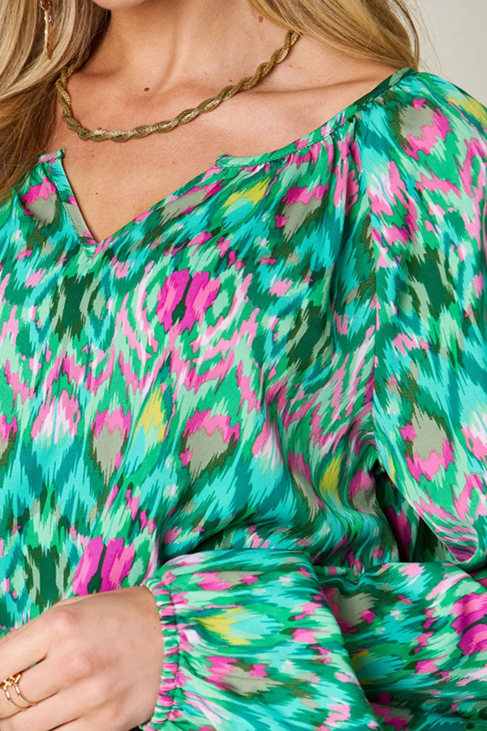 Double Take Full Size Printed Balloon Sleeve Blouse - kinko