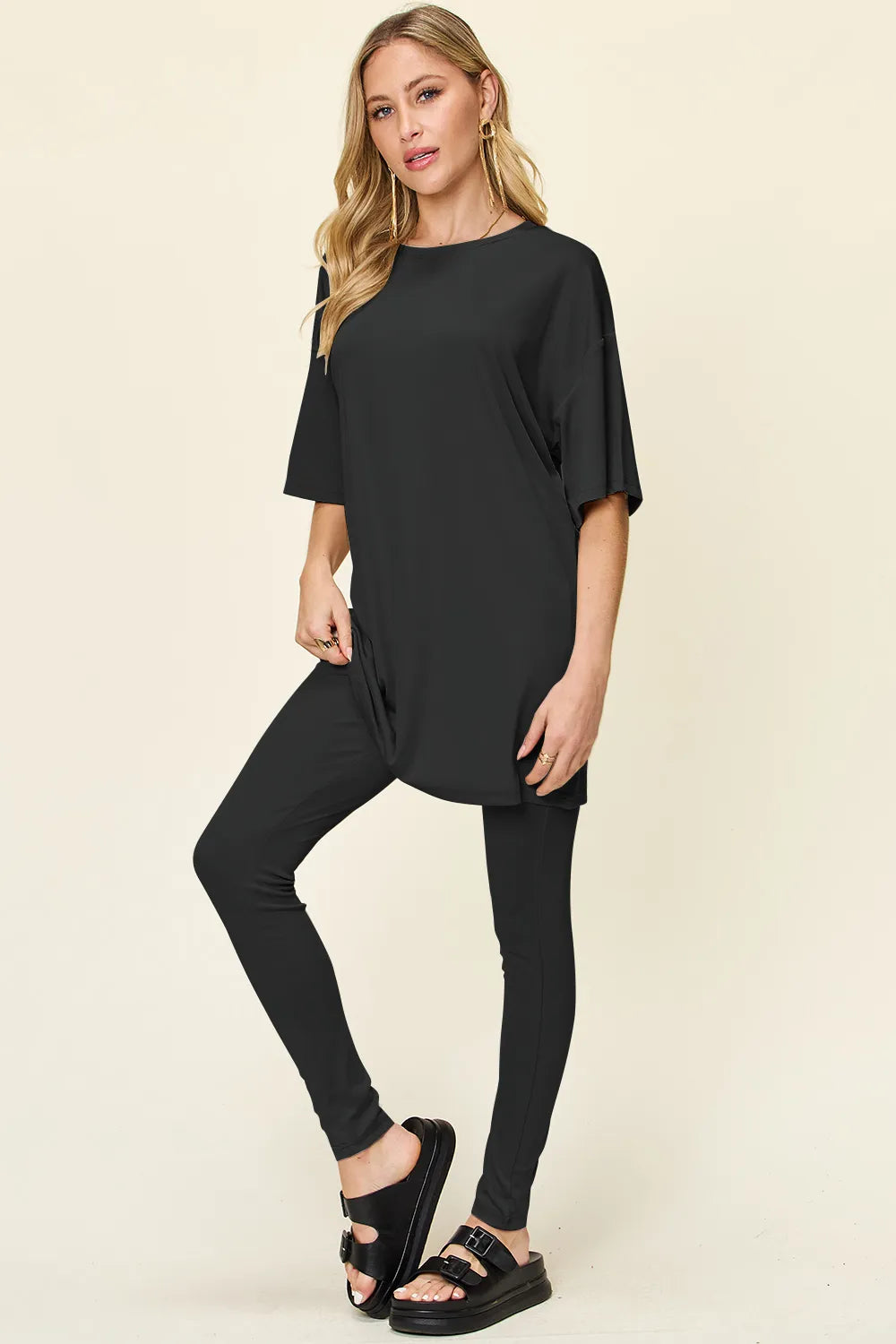 Double Take Full Size Round Neck Dropped Shoulder T-Shirt and Leggings Set - kinko