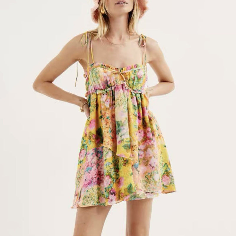 Y2K Flowers Print Suspender Dress Summer Fashion Ruffled Holiday Beach Short Dresses Womens Clothing - kinko