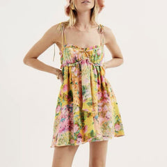 Y2K Flowers Print Suspender Dress Summer Fashion Ruffled Holiday Beach Short Dresses Womens Clothing - kinko