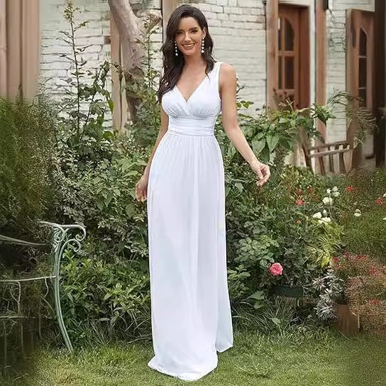 Women's Elegant Graceful Deep V-neck Sleeveless Chiffon Formal Maxi Evening Dress - kinko