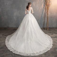 Wedding Dress Trailing Deep V Neck Lace High Waist Wedding Dress Long Sleeves - kinko