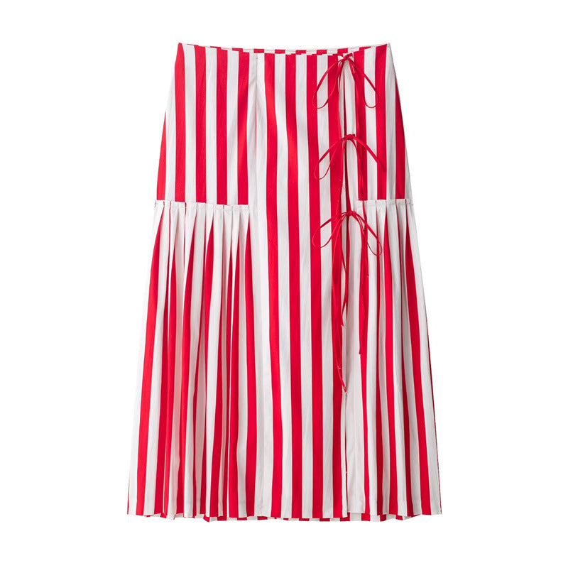 Fashion Striped Lace-up Half-length Midi Dress - kinko