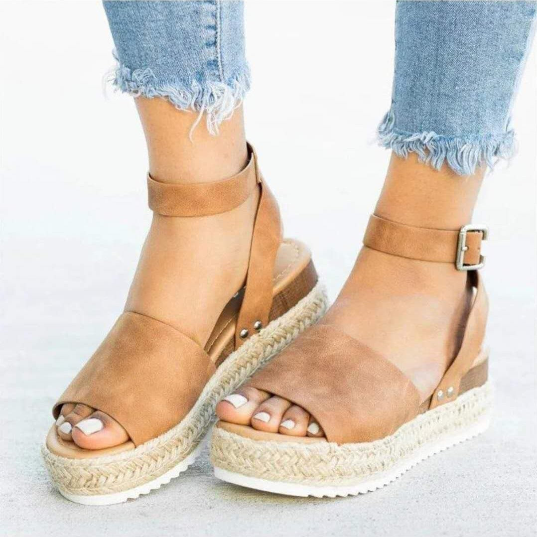 plus Size Summer Platform Heel Buckle Sandals Women Leopard Print Hemp Rope Woven Wedge - kinko Global Holdings inc
