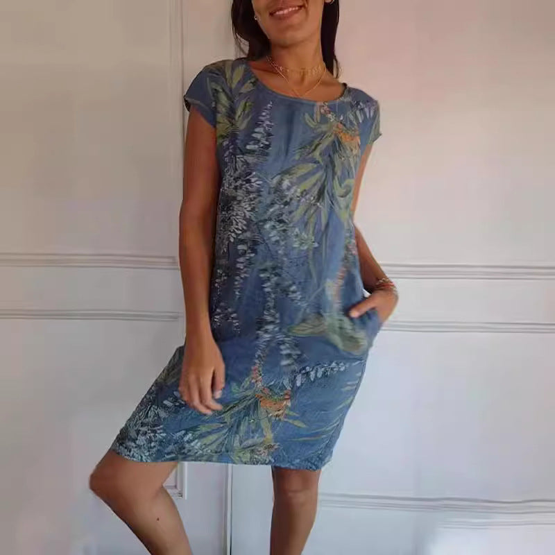 Flower And Leaf Printed Straight Dress Summer Loose Round Neck Short Sleeve Dresses Womens Clothing - kinko