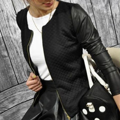 Female Outwear PU Leather Patchwork Spring Autumn Plaid Women Thin Coats Short Jackets Casual Slim Blazers Suit Cardigans - kinko