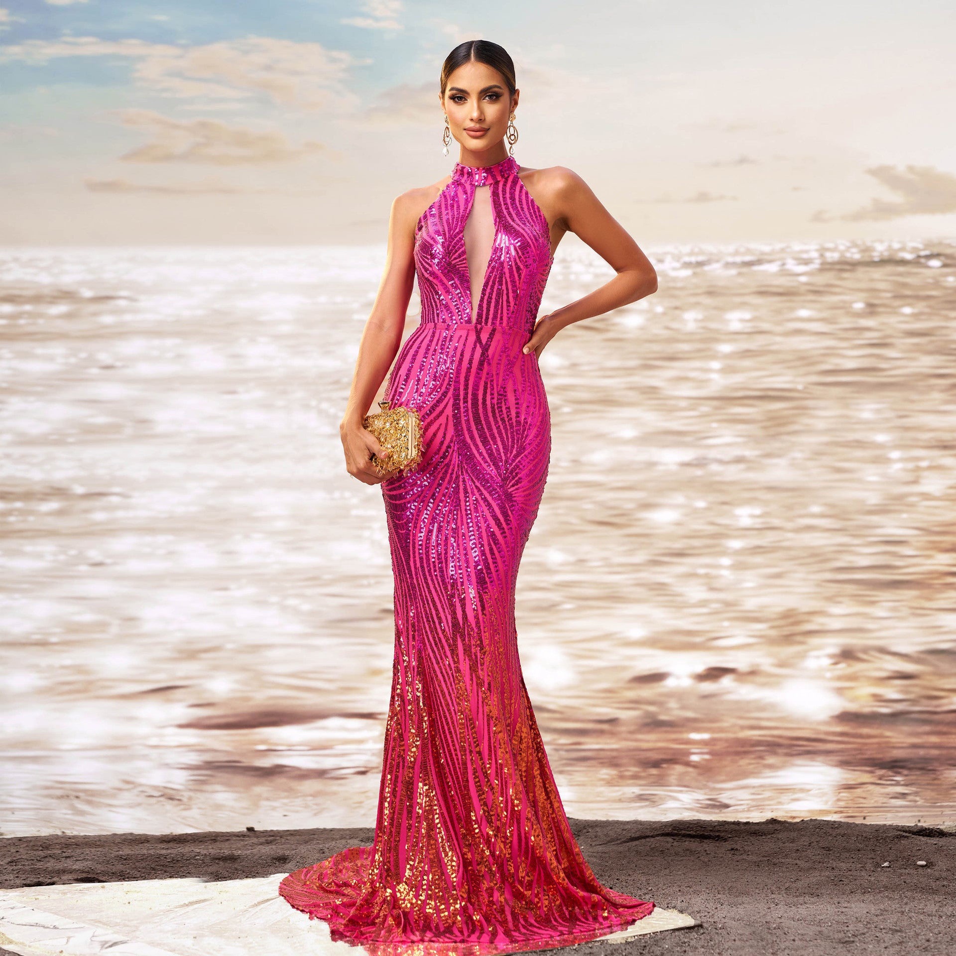 Round Neck Off-the-shoulder Slim-fit Sheath Sequined Banquet Fishtail Evening Dress - kinko