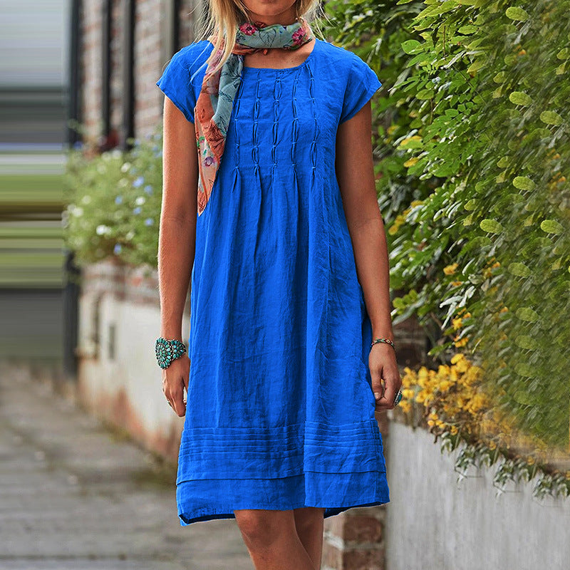 Fashion U-neck Short Sleeve Dress Summer Solid Straight Dresses Womens Clothing - kinko