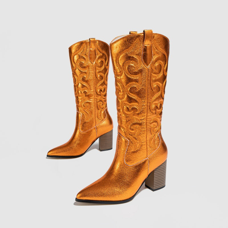 Knee High Boots Thick Sponge Soft Embroidered Floral Personality Pointed Chunky Heel High Heel plus Size Boots Ethnic - kinko Global Holdings inc