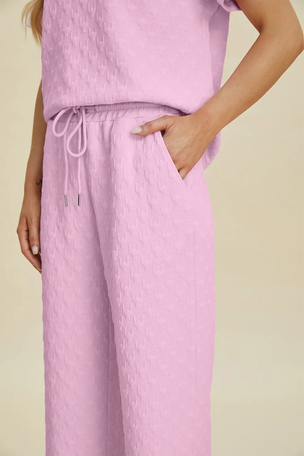 Double Take Full Size Texture Round Neck Short Sleeve Top and Pants Set - kinko
