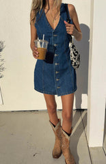 Autumn Button Placket Lace up Back Waist Denim Dress Retro Dress Women