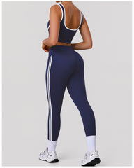 Contrast Color Striped Fitness Yoga Two Piece Sets High Elastic Shockproof Bra Hip Lift Belly Shaping Tights Sportswear - kinko Global Holdings inc