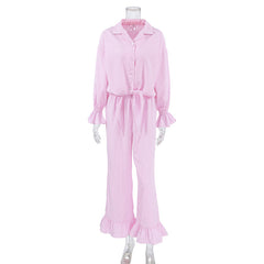 Fall Pink Plaid Retro Pajamas Ruffled Long Sleeved Cardigan Trousers Two Piece Home Wear Women