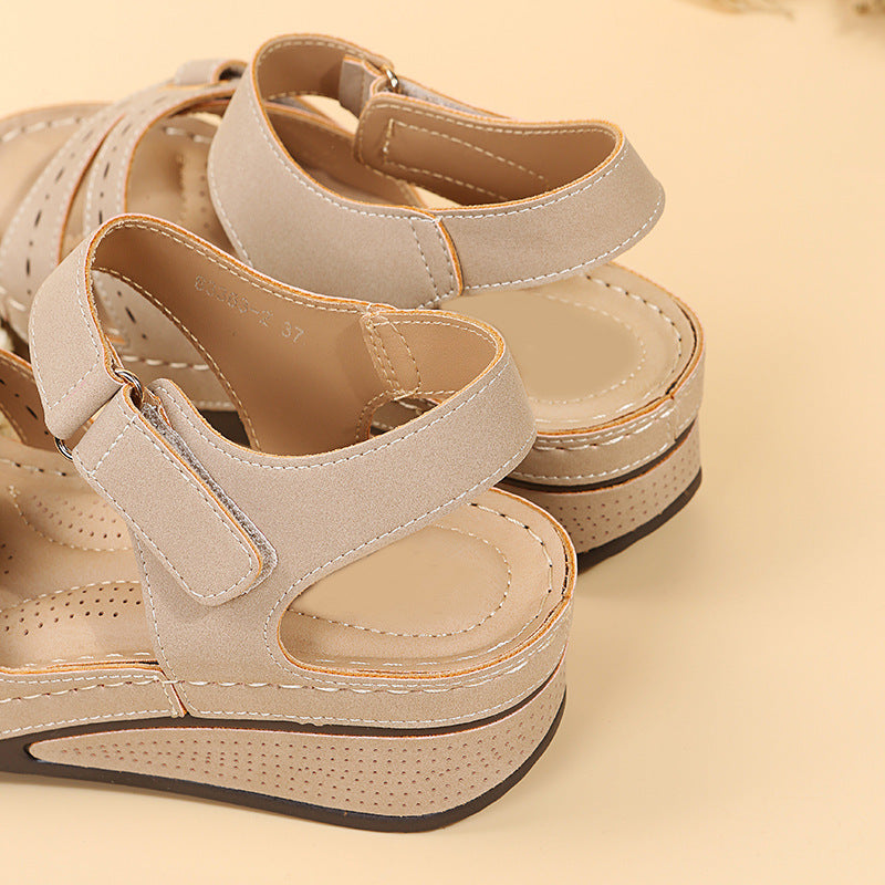 Southeast Asia plus Size Velcro Platform Sandals Women Hollow Out Cutout-out Wedge Stitching Beach Slippers - kinko Global Holdings inc