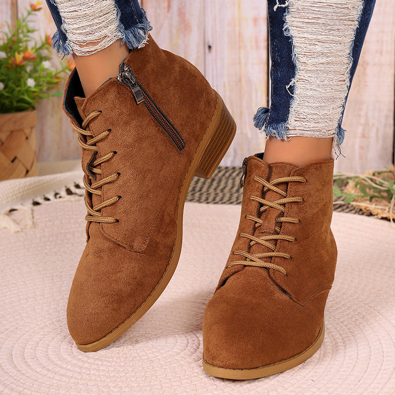 Autumn Chunky Heel Short Martin Boots Women British plus Size Lace up Chunky Heel Ankle Boots - kinko Global Holdings inc