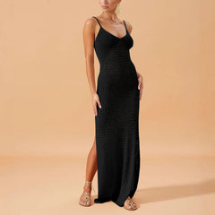 Solid Color Sling Dress Side Slit Summer Pure Want to Wear Seaside Women Knitted Dress Slim French Hip - kinko Global Holdings inc