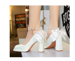 Square Toe Thick Heel Super High Heel Waterproof Platform Pearl Chain Word with Bowknot Wedding Shoes Pumps - kinko Global Holdings inc