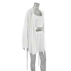 Autumn Knitted Long Sleeve Spaghetti Strap Shorts Three Piece Set Warm Elastic Home Wear Women