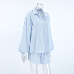 Simple Casual Cardigan Home Wear Pure Cotton Skin Friendly Breathable Long Sleeves Shorts Pajamas Two Piece Set