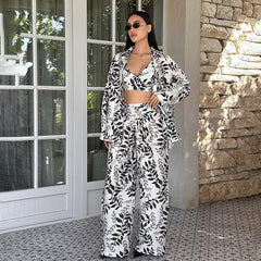 Autumn Printed Pajamas Set Three Piece Set Sling Cardigan Long Sleeve Pants Ladies Homewear