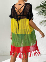 Women Lace up Dress Lace up Bow Color Contrast Patchwork Sexy Cutout Tassel Dress Beach Beach Cover Up