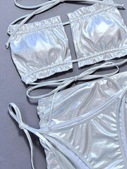 Women Three Piece Bikini Solid Color Sexy Women Split Swimsuit Triangle Bag Swimsuit