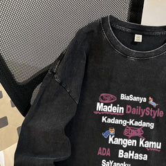 Heavy Autumn Hong Kong Trendy Brand Loose Retro Washed College Cotton round Neck Long Sleeves Top T shirt Women