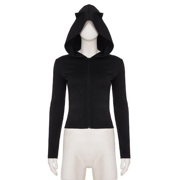 Sexy Little Devil Zipper Hooded Sweater Women Street Solid Color Slim Fit All Match Jacket