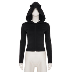 Sexy Little Devil Zipper Hooded Sweater Women Street Solid Color Slim Fit All Match Jacket