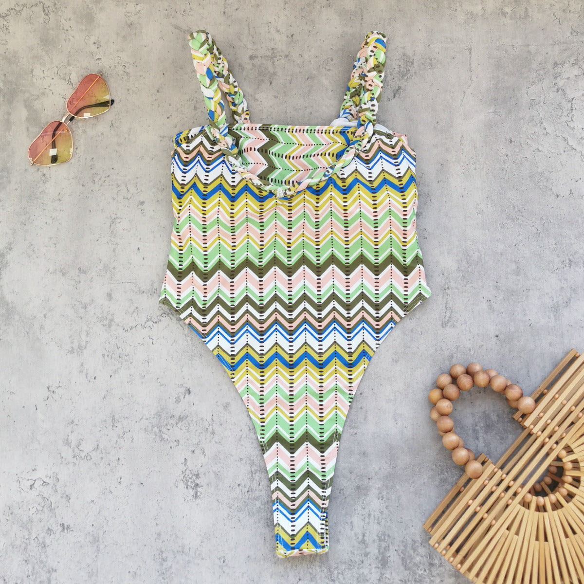 Braid Rope Lace up Cutout Striped Printed High Slit Triangle One Piece Swimsuit Skirt Two Piece Set - kinko Global Holdings inc