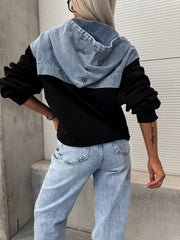 Fall Loose Casual Washing Water Denim Stitching Hooded Women Sweatshirt