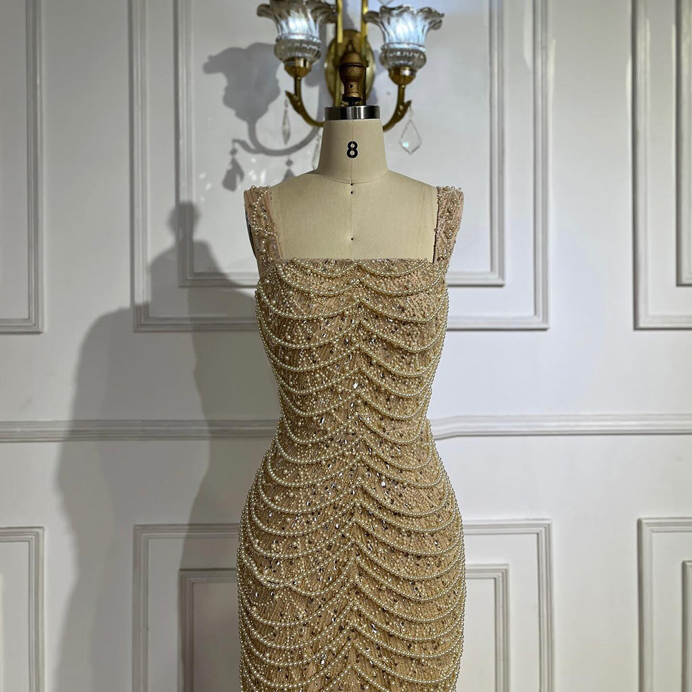 Nude Elegant Sling Light Luxury High-end Pearl Beaded Dress - kinko