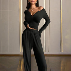 Women's Solid Color Fall&Winter Pants Set - Sexy V-Neck Button-Up Fitted Long Sleeve T-Shirt & High-Waist Flared Wide-Leg Stretchy Pants - kinko