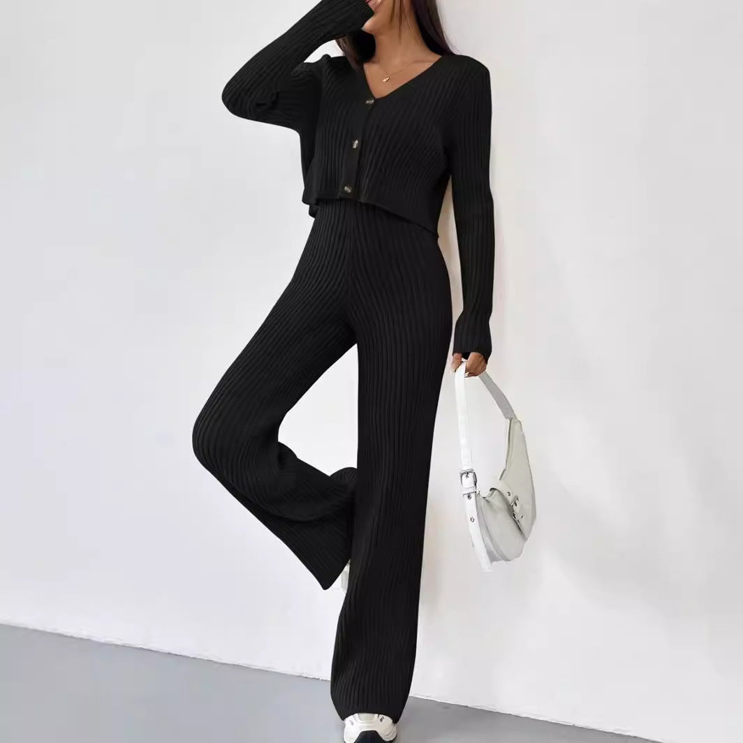 Solid Color Knitted Two-piece Women's V-neck Short Knitted Cardigan Bootcut Trousers Versatile Casual Women's Clothing - kinko