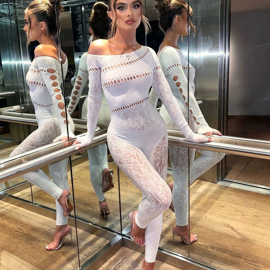 One-piece Long Sleeves Hot Rhinestone Shiny Fishnet Clothes Sexy Lingerie - kinko