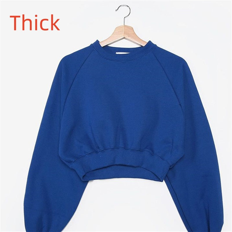 Round Neck Waist Trimming High Waist Short Sweatshirt - kinko