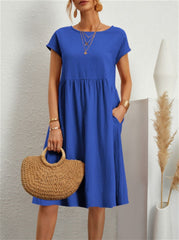 Summer Short-sleeved Dress With Pockets Fashion Solid Round Neck A-line Dresses For Women Clothing - kinko
