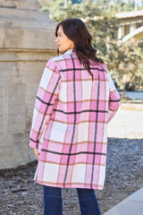 Double Take Full Size Plaid Button Up Lapel Collar Coat - kinko