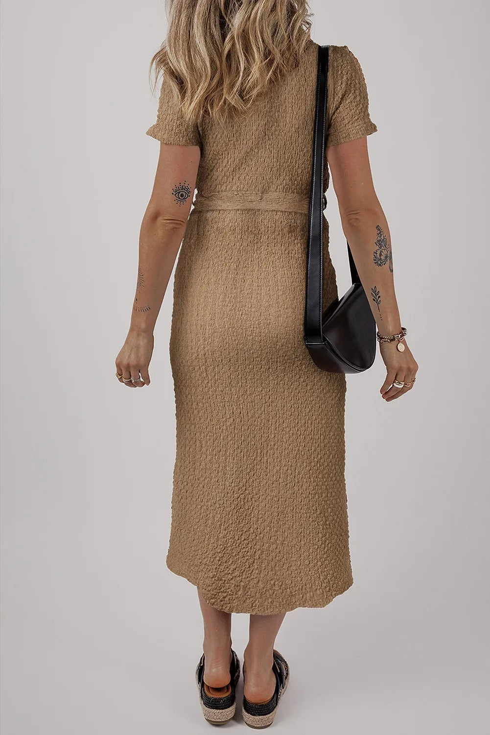 Buckskin Short Sleeve Textured Button Up Tie Waist Long Dress - kinko