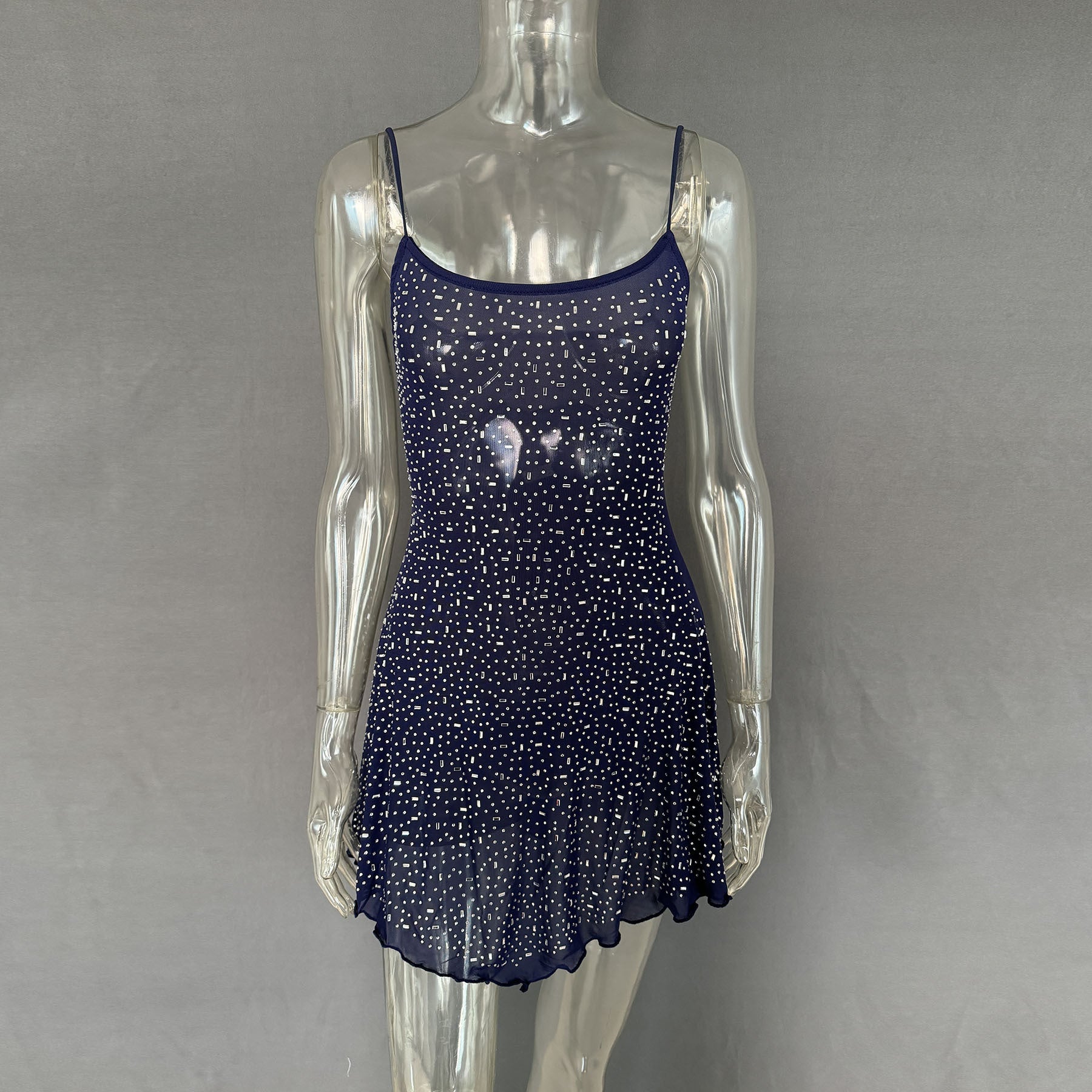 Trendy Rhinestone Sheer Party Dress - Women's Sexy Mini - kinko